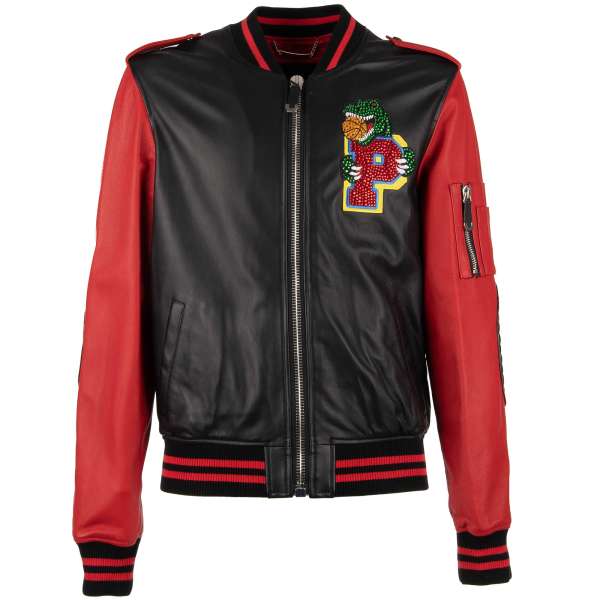Varsity / Bomber leather jacket PERCEIVE with crystals applications "Plein Warriors" and pockets by PHILIPP PLEIN