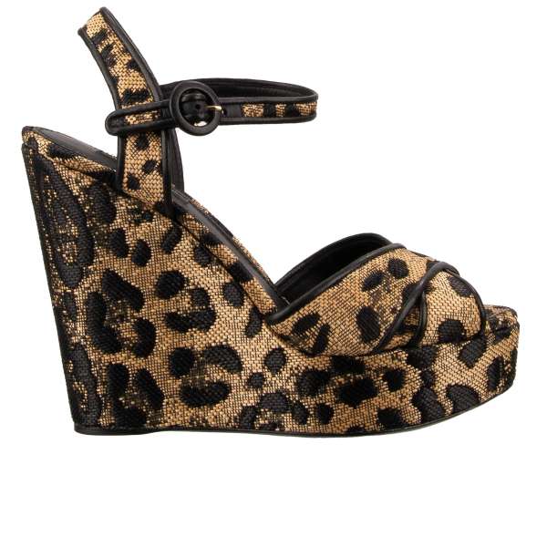 Woven Raffia Plateau Sandals / Wedges BIANCA with leopard pattern in black and beige by DOLCE & GABBANA