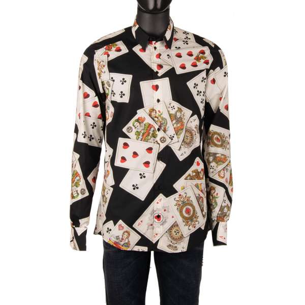 Cotton shirt with playing cards print in black by DOLCE & GABBANA