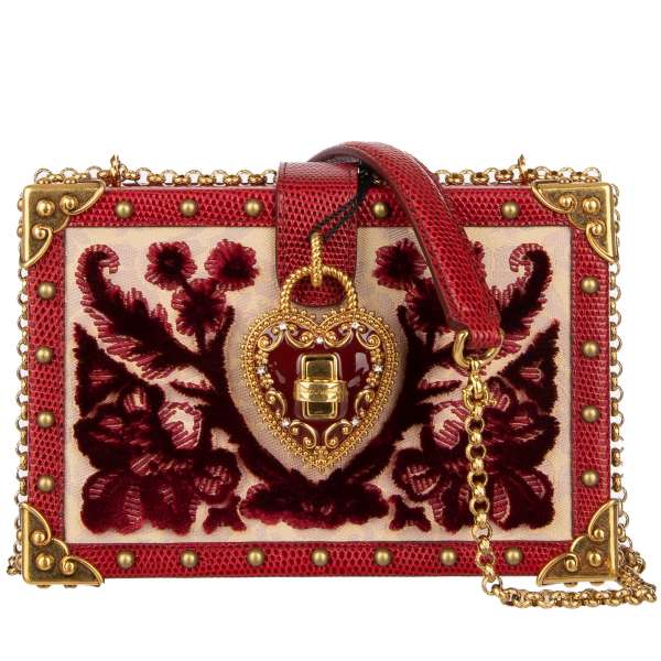 Unique wooden box clutch / shoulder bag MY HEART made of velvet, brocade and iguana printed leather with decorative heart padlock, studs and chain strap by DOLCE & GABBANA