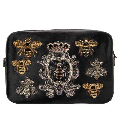 Fur and Leather Pouch Clutch Bag with Bee and Crown Embroidery Black