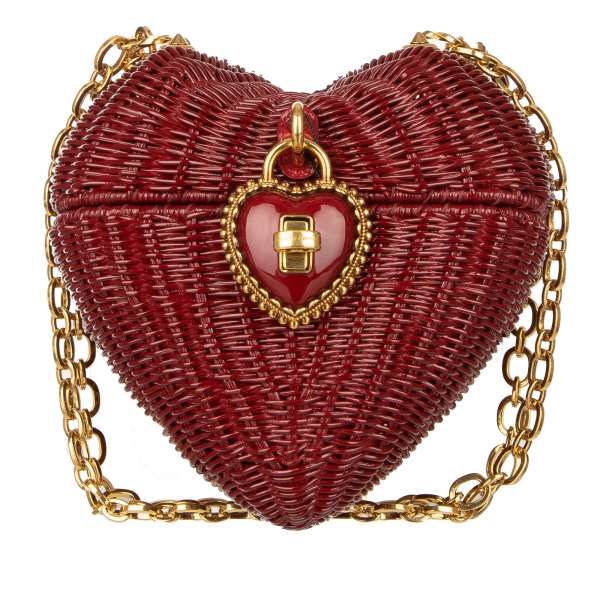 Unique fully hand-crafted cross-body bag / clutch HEART BOX made of woven wicker, painted by hand with decorative heart padlock and chain strap by DOLCE & GABBANA