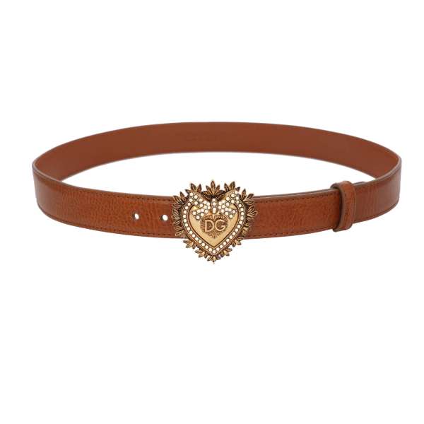  DEVOTION Gürtel aus Leder mit Metall Perlen Herz in Braun und Gold von DOLCE & GABBANA