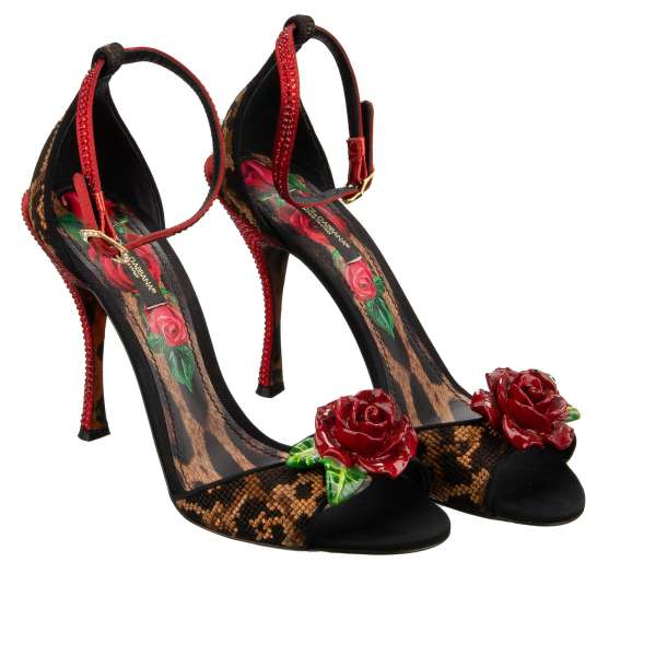 Leopard pattern embroidered Heels Sandals KEIRA with hand-painted roses and cyrstal heel by DOLCE & GABBANA