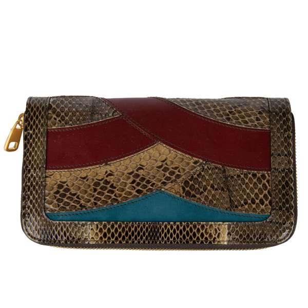 Patchwork Zip-Around wallet made of snakeskin, suede and leather in beige, blue and red by DOLCE & GABBANA