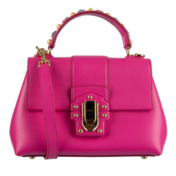 Patent Leather Tote / Shoulder Bag LUCIA with jeweled handle and decorative buckle with logo by DOLCE & GABBANA