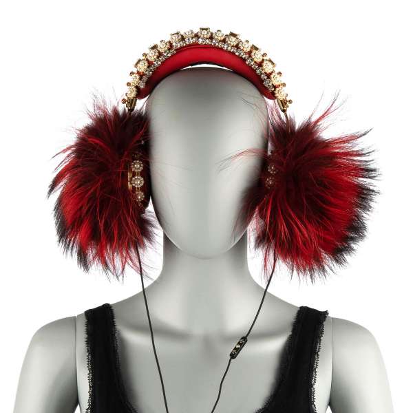 Exclusive and rare nappa leather Frends headphones with cable, embellished with crystals and pearls metal crown and fox fur in red by Dolce & Gabbana Black Line
