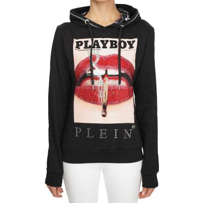 Hoodie mit Lippen Cover Print, Kristallen und Logo Schwarz