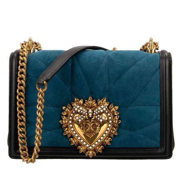 Suede and Nappa Leather Crossbody Bag / Cluch Bag DEVOTION Medium with jeweled heart with DG Logo and structured metal chain strap by DOLCE & GABBANA