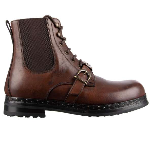 Military style Ankle Boots SAN PIETRO made of calfskin with lace up and logo buckle closure and stable sole by DOLCE & GABBANA
