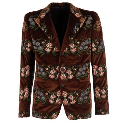 Flower Embroidery Velvet Blazer with Peak Lapel Brown 50 US 40 M L