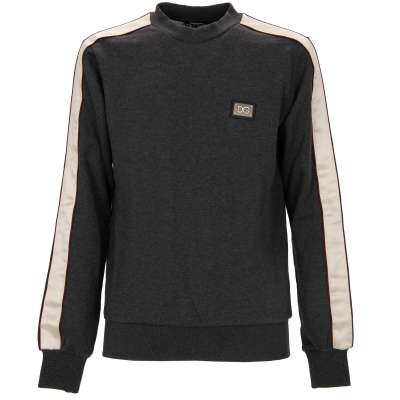 Pullover Sweater mit Seide Streifen und Logo Schild Grau Weiß