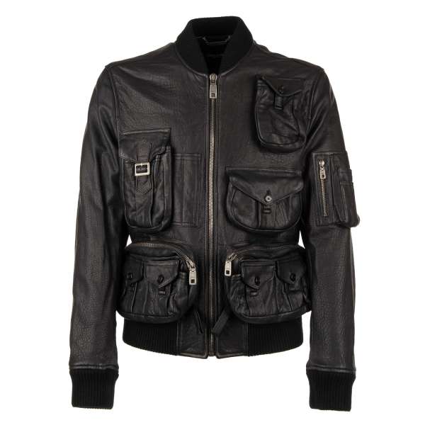 Multi-Pocket, military inspired, utility nappa leather jacket with knitted details by DOLCE & GABBANA