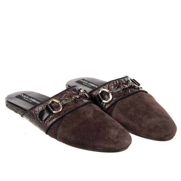 Suede slipper shoes with metal DG logo buckle in brown by DOLCE & GABBANA