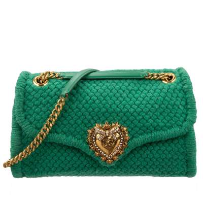 Knitted Crochet Shoulder Bag DEVOTION Large with Jeweled Heart Green