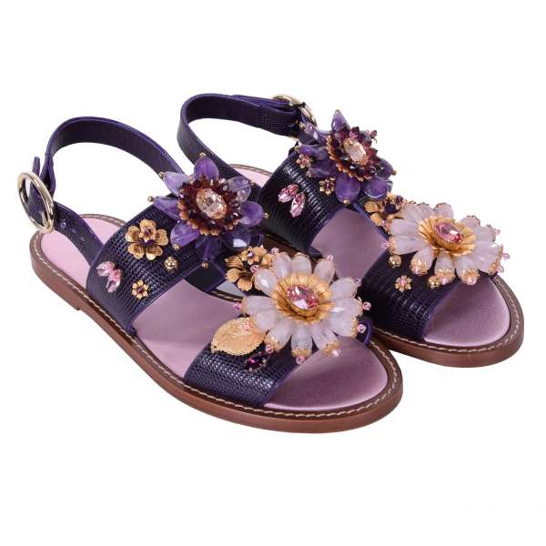 Flat lizard textured leather ankle strap sandals with floral crystals, pearls and brass jewelry by DOLCE & GABBANA Black Label