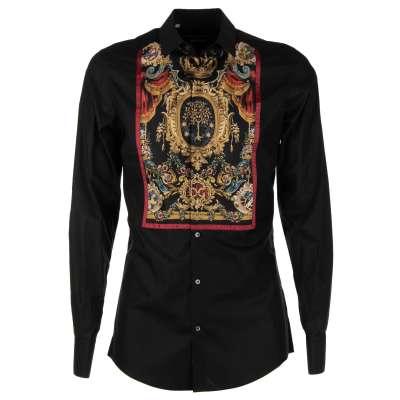GOLD Heraldy Crown Angel Print Cotton Silk Shirt Black
