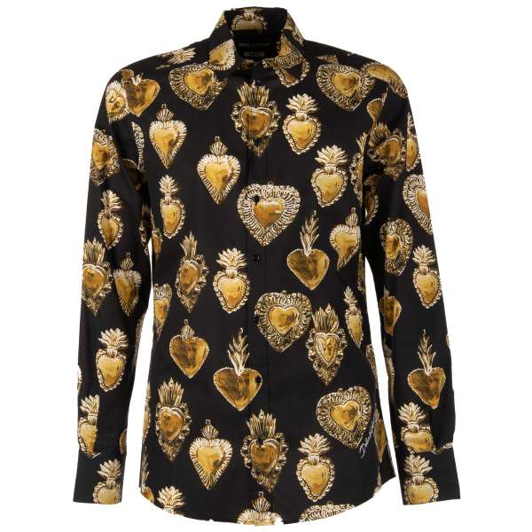 Cotton shirt with Sacred Hearts Print in black and by DOLCE & GABBANA  - MARTINI Line 
