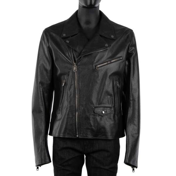 Biker style leather jacket made of bull leather with many pockets and zips by DOLCE & GABBANA Black Line