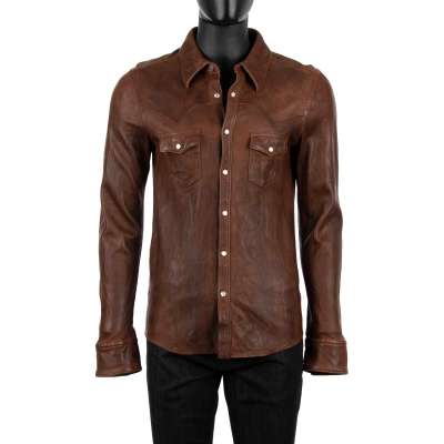 Washed sheep leather shirt jacket with pockets and snap fastening