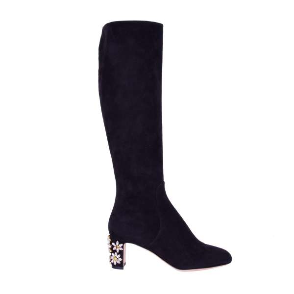 Knee-High soft suede boots VALLY with crystals embroidered heel and zip fastening by DOLCE & GABBANA Black Label