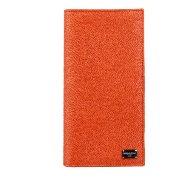 Large dauphine leather bifold wallet with many pockets and slots and DG logo plate in orange by DOLCE & GABBANA