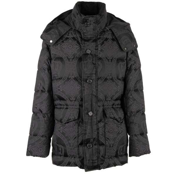 Stuffed, baroque crowns textured down jacket with detachable hoody and pockets by DOLCE & GABBANA