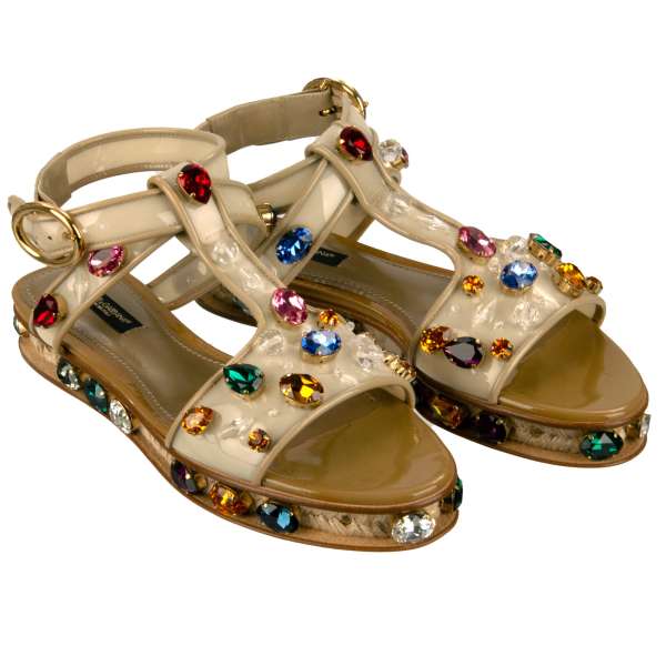 Leather, Plastic and Raffia Plateau Sandals embellished with crystals in beige and gold by DOLCE & GABBANA 