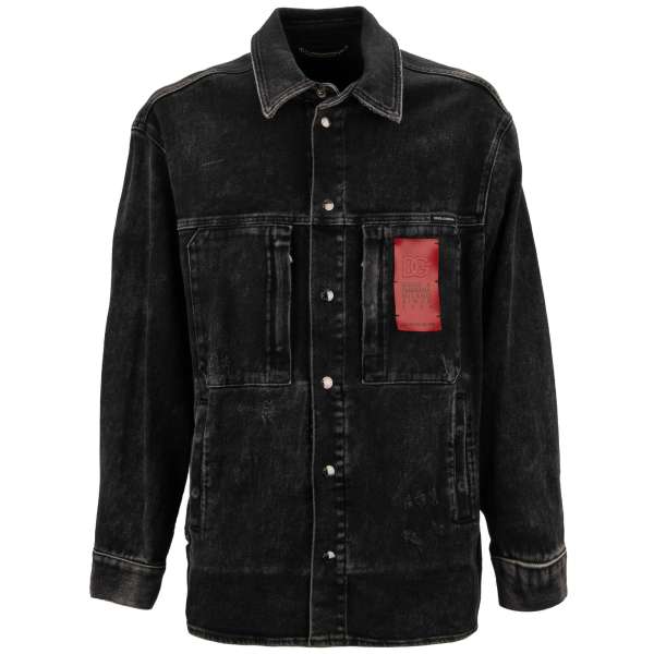 Oversize distressed Denim / Jeans jacket with DG leather Logo patch, pockets and logo patch in gray by DOLCE & GABBANA
