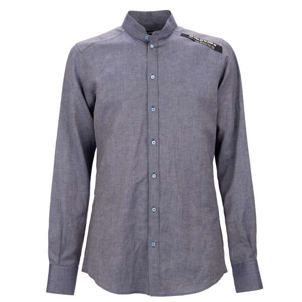 Cotton and linen blend shirt with DG DNA Logo patch in blue by DOLCE & GABBANA