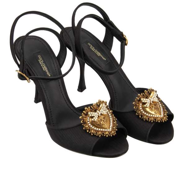 Silk and leather Heels Sandals KEIRA with pearls heart DEVOTION brooch and crystal buckle in black by DOLCE & GABBANA