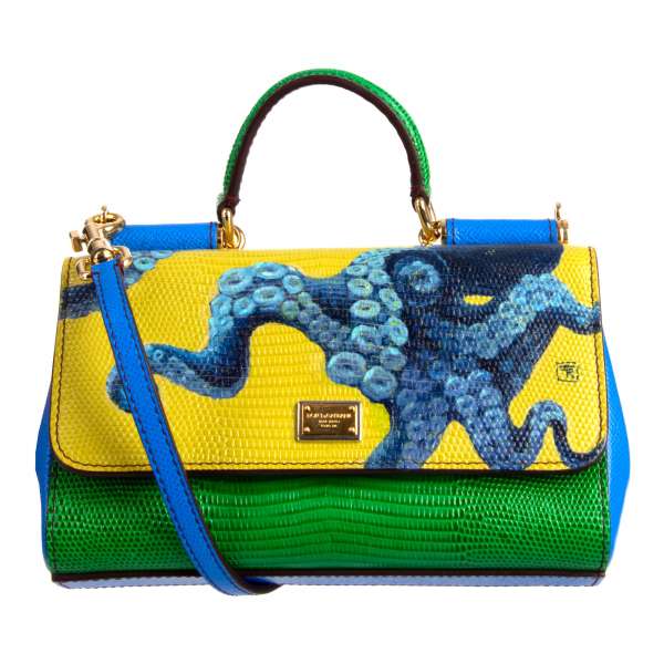 Unique Octopus painted dauphine leather and lizard textured leather Tote / Shoulder Bag MISS SICILY Mini with pockets in green and blue by DOLCE & GABBANA Black Label