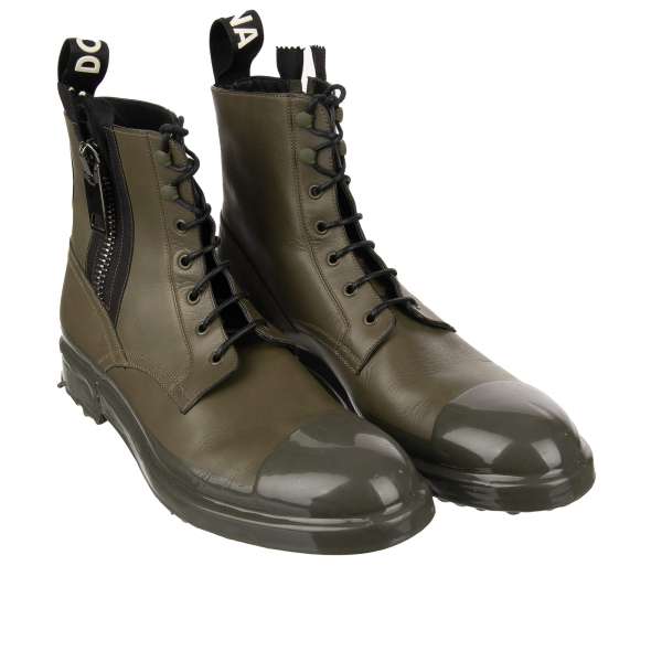 DG Logo Ankle Boots FIRENZE made of leather with liquid rubber covered sole in military green by DOLCE & GABBANA