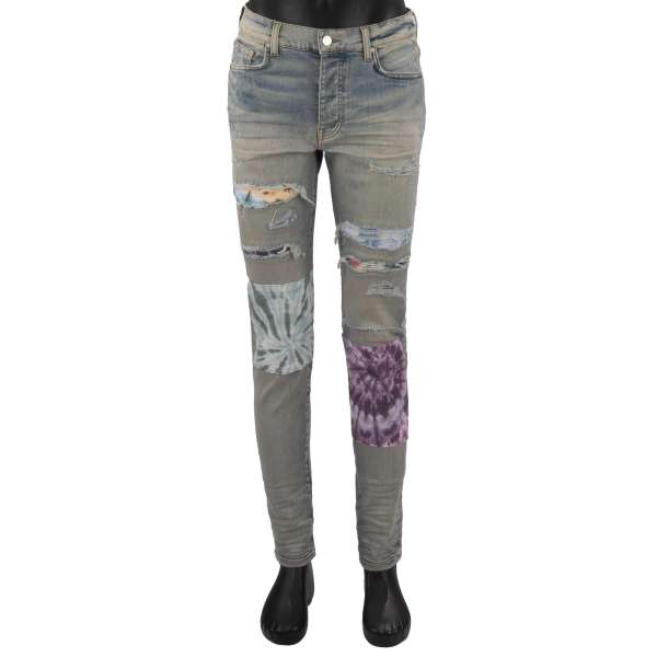 5-pockets Skinny Distressed Stretch Tie Dye Art Patch Jeans in Indigo Blue with embroidered applications by AMIRI