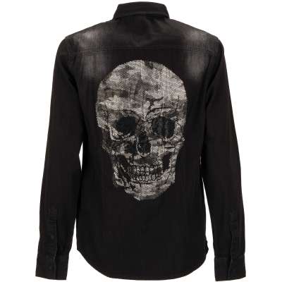 Crystal Skull Denim Jeans BY ME Shirt Black XL 54