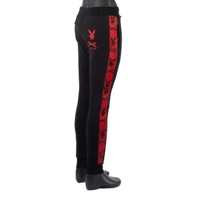 Jogging Pants with Crystals Logo and Stripes Black Red