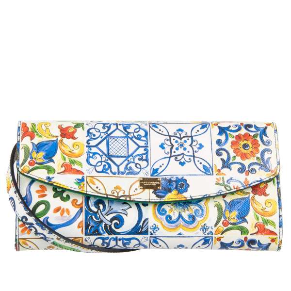 Dauphine Leather Clutch / Crossbody Bag with DG Logo plate, Majolica print and detachable shoulder strap by DOLCE & GABBANA