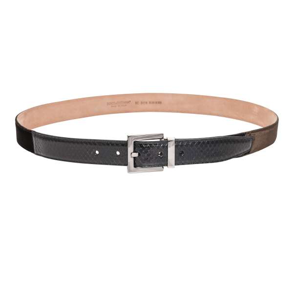Gürtel aus Samt und Schlangen Leder mit Silber Metall Schnalle in Schwarz und Braun von DOLCE & GABBANA