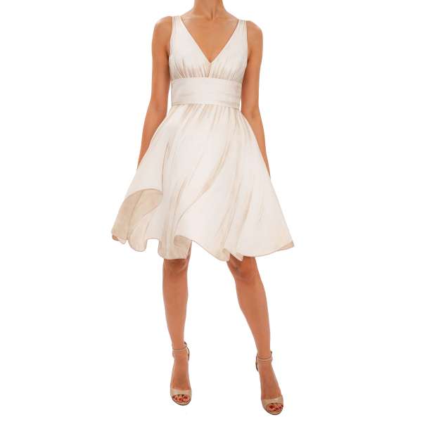 Baumwolle Kleid im Papier Puppe Stil mit Print in Beige und Weiß von MOSCHINO COUTURE
