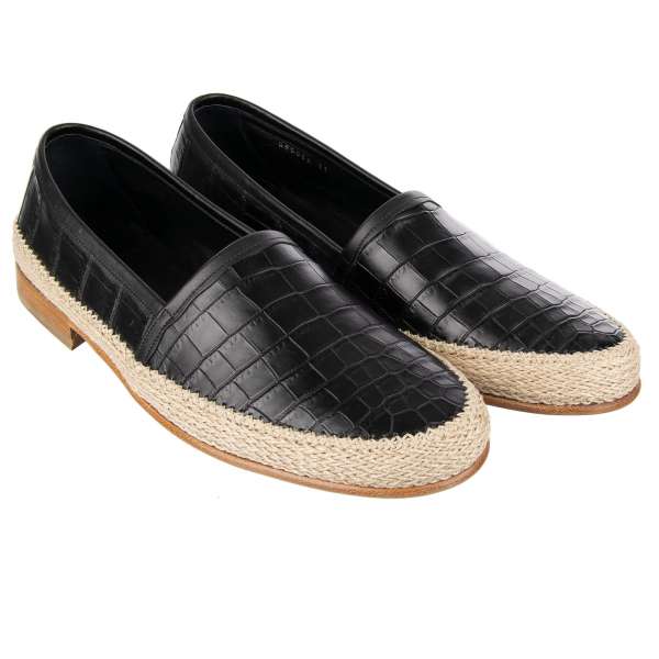 Exklusive Loafer Schuhe PIANOSA aus Krokodilleder und Seil in Schwarz von DOLCE & GABBANA