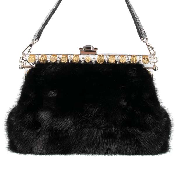 Mink fur clutch / evening bag VANDA with crystals and coins embellished transparent frame by DOLCE & GABBANA