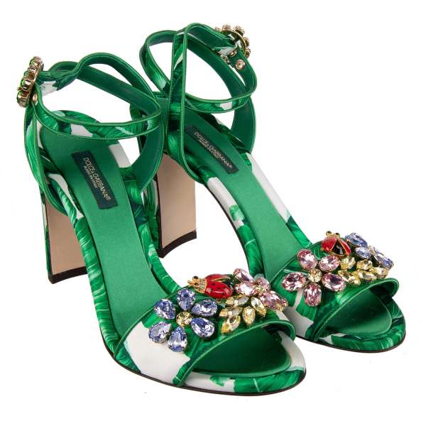 Silk banana leaves print Sandals / Pumps VALLY with floral crystals and brass applications by DOLCE & GABBANA
