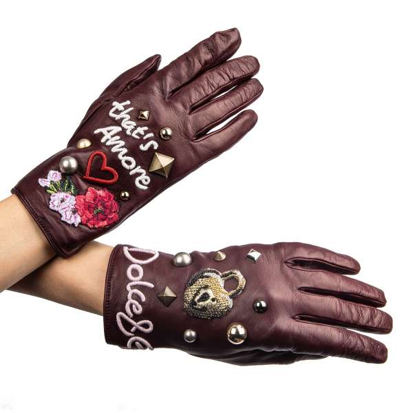 "That' Amore" Nappa lambskin gloves with studs, roses and heart lock embroidery by Dolce&Gabbana Black Label