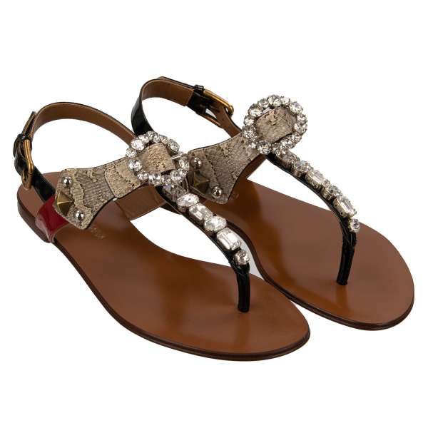 Leather and snake skin Sandals INFRADITO embellished with crystal brooch buckle closure, crystals and studs in red, beige and black by DOLCE & GABBANA