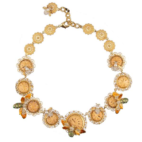 "Midollino-Api" chocker necklace with filigree rattan elements and crystal enamel bees in gold by DOLCE & GABBANA