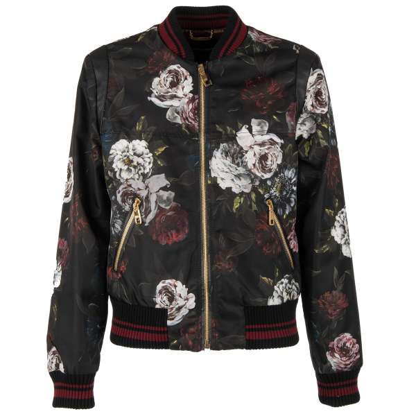 Floral printed, stuffed nylon bomber jacket with zip pockets, leather trim and knit details by DOLCE & GABBANA