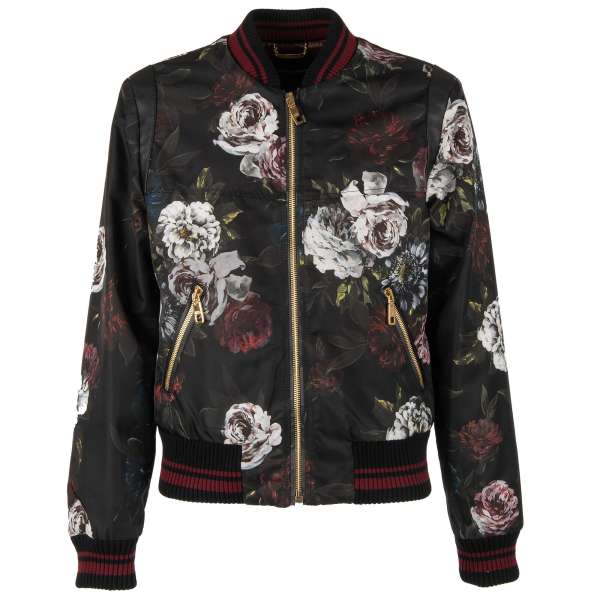 Gepolsterte Bomberjacke aus Nylon mit floralem Print und Details aus Leder und Strick von DOLCE & GABBANA