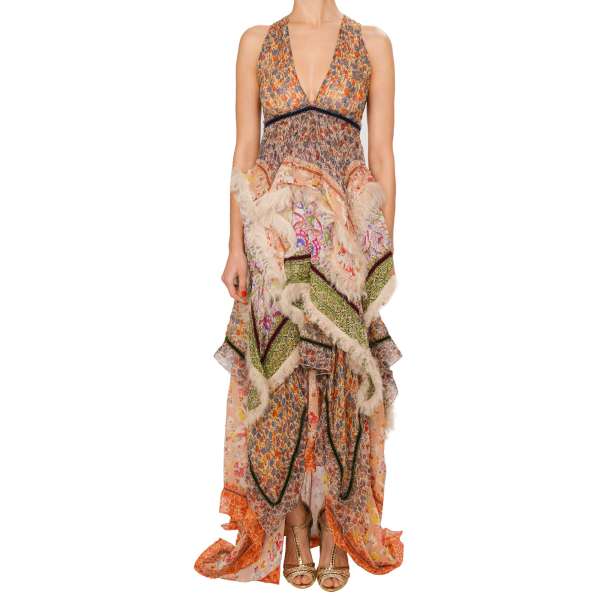Velvet and fur trim foulard maxi dress with train in green, pink, orange and beige by DSQUARED2