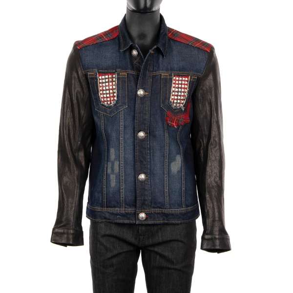 Denim jacket with leather sleeves and with studs, plaid applications and logo plate by PHILIPP PLEIN