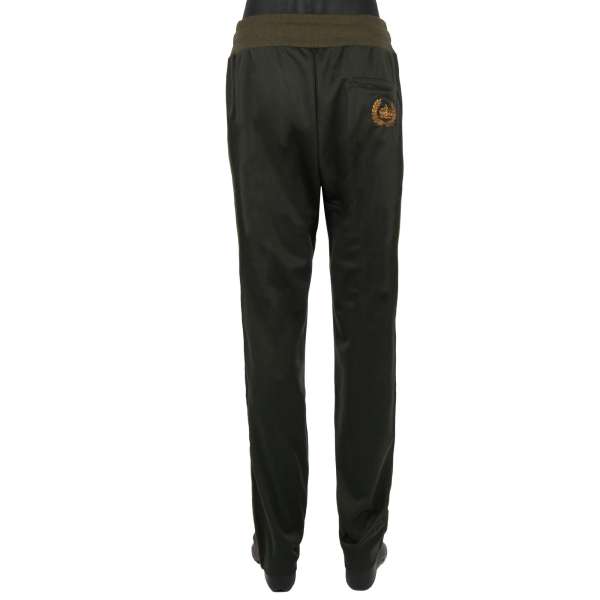 Jogger Trousers with goldwork embroidered gold crown, elastic waist and side stripes in military green by DOLCE & GABBANA